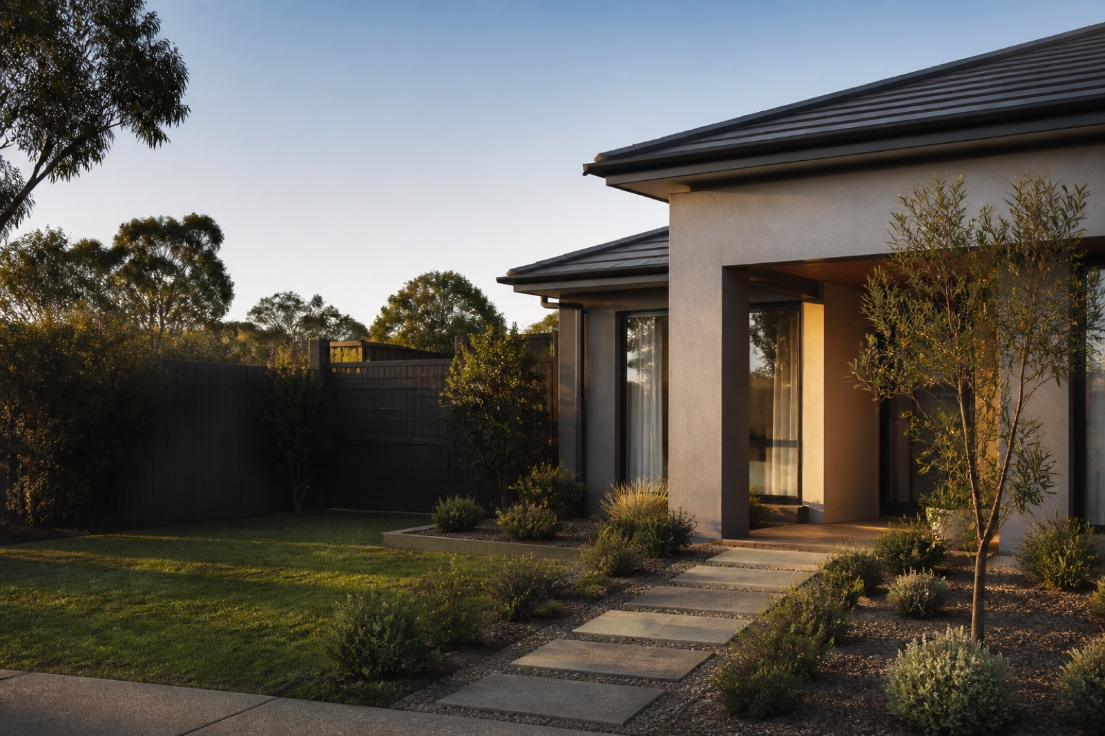 Modern Australian suburban home and garden in warm afternoon light